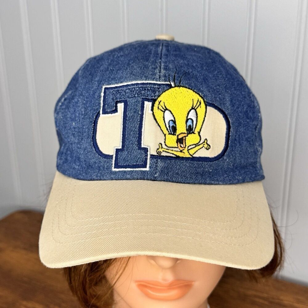 90s Vintage Tweety Bird Denim Dad Hat Warner Bros Looney Tunes Snap Back